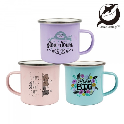 Tasse émaillée 12oz, avec rebord en acier argenté, Orca™ Coating